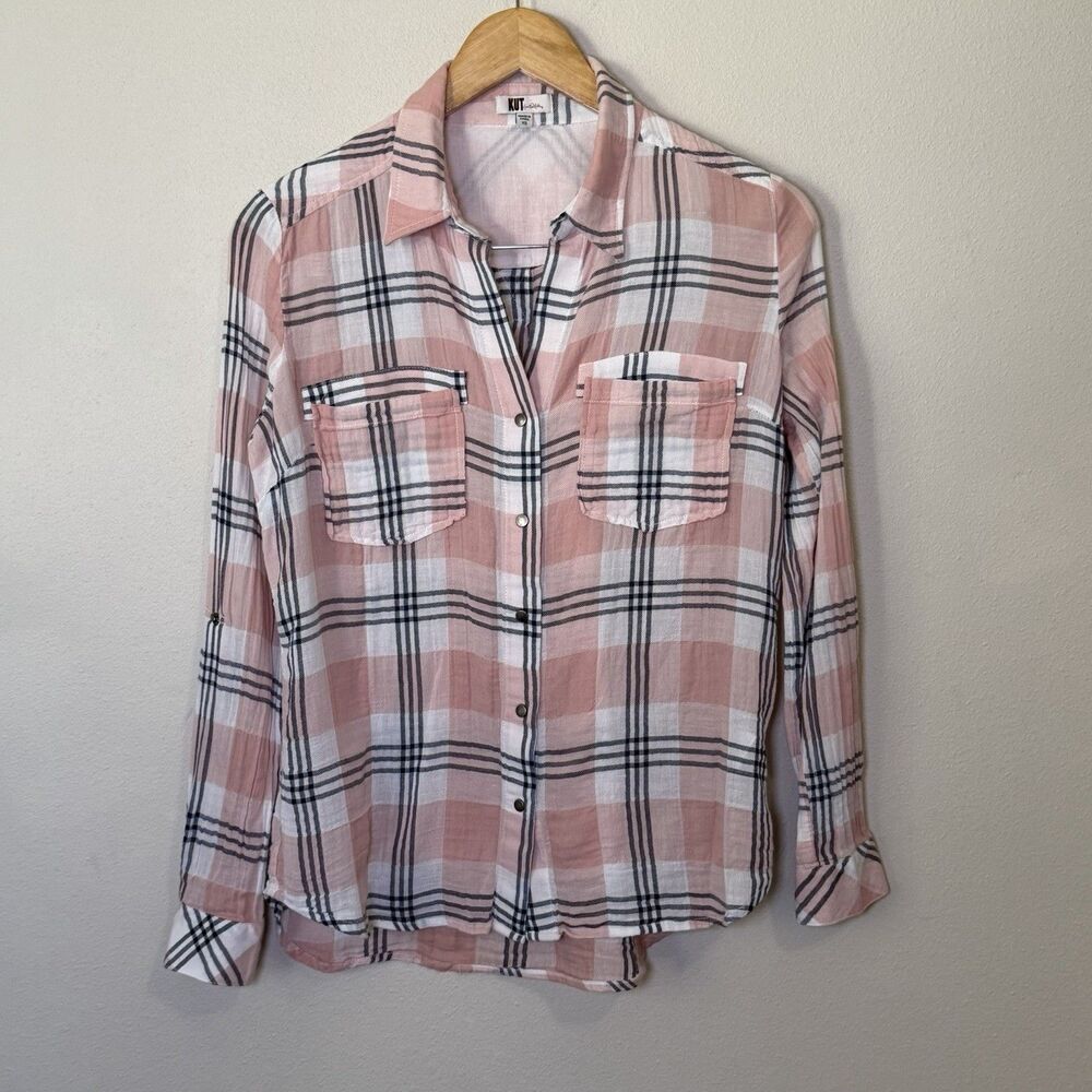 Kut From The Kloth Womens XS Pink Plaid Shirt Roll Tab Long Sleeve Snap Button